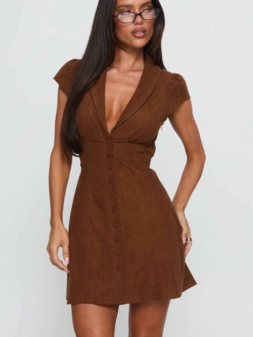 Princess Polly Magdalene Corduroy Button Down Mini Dress Chocolate Size 2